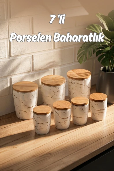 Porsima PXM2673-7/S Marble 7 Parça Bambu Vakum Kapaklı Porselen Baharat Takımı Baharatlık Seti ürün görseli 1
