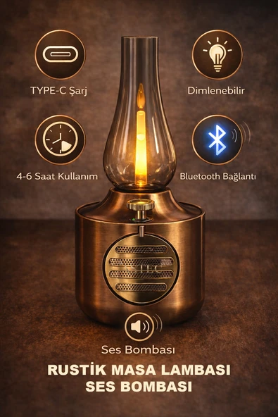 ASTEC Rustik Bluetooth Bağlantılı Dahili Ses Bombalı Gece/Masa Lambası LED Şarjlı Dimlenebilir TYPE-C ürün görseli 1
