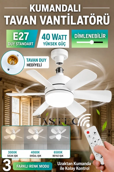 ASTEC Kumandalı Tavan Vantilatörü E27 Duylu Led Işıklı Sessiz Tavan Fanı 3 Kademeli Ayarlanabilir Hız ürün görseli 1