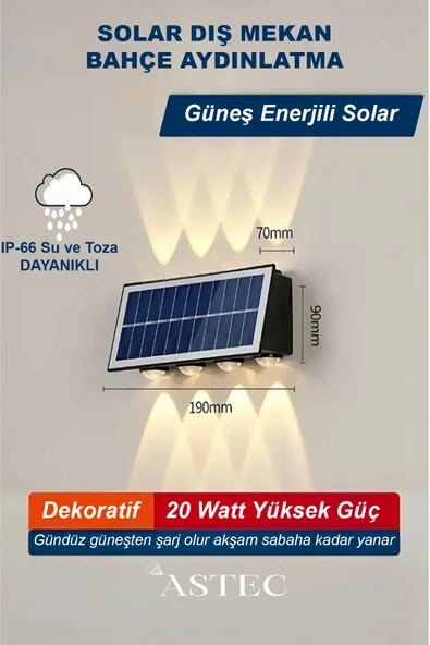 ASTEC Gün Işığı 20 Watt Solar Bahçe LED Aydınlatma Güneş Enerjili Otomatik Yanar 8 LED Bahçe Aplik ürün görseli 1