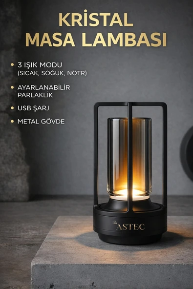 ASTEC Dekoratif Şarjlı Kristal Taşlı Masa Lambası 3 Renk Dokunmatik Dimlenebilir Kablosuz Siyah ürün görseli 1