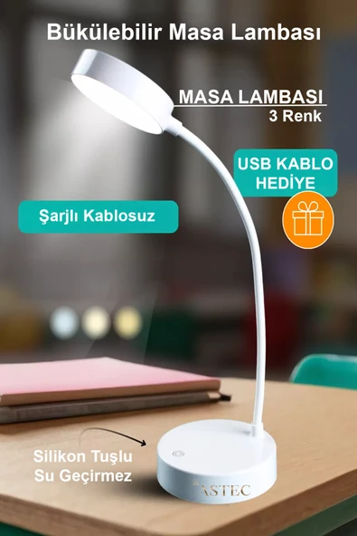 ASTEC Beyaz Bükülebilir 3 Renk Led Masa Çalışma Lambası Dimli Dayanıklı Silikon Tuşlu USB'li Şarjlı ürün görseli 1