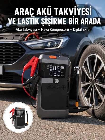 Mey İthalat® Araç İçin 4 Fonksiyonlu Akü Takviye ve Lastik Şişirme Cihazı Yeni Nesil ürün görseli 1
