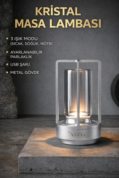 ASTEC Gümüş Kristal Masa Lambası Şarjlı LED – 3 Renk Modlu, Dokunmatik, Type-C, Dimlenebilir Gece Lambası ürün görseli 1