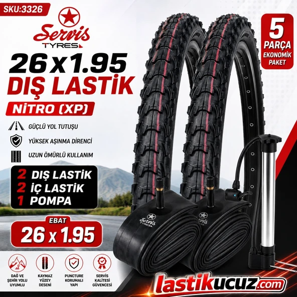 Servis 26X1.95 DIŞ LASTİK NİTRO (XP) VE İÇ LASTİĞİ (2'ŞER ADET TAKIM) Bisiklet Lastiği + 1 ADET POMPA ürün görseli 1