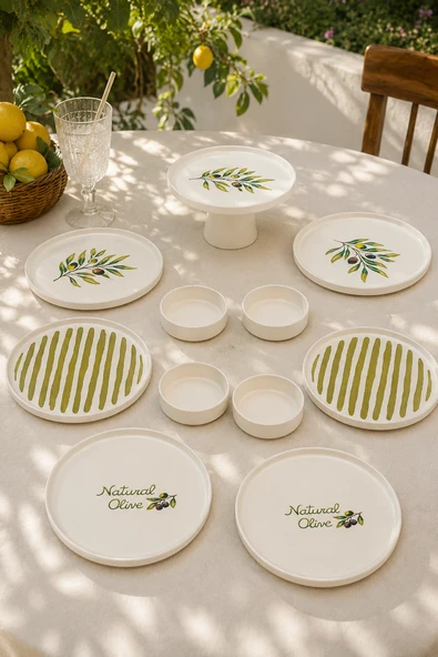 Oliva 11 Parça 6 Kişilik Stackable Seramik Kahvaltı ve Servis Takımı Zeytin Desenli ürün görseli 1