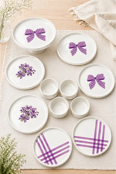 Lila Gift 11 Parça 6 Kişilik Handmade Seramik Kahvaltı Takımı & Sunum Seti Lila Desenli Pasta Tabağı Seti ürün görseli 1