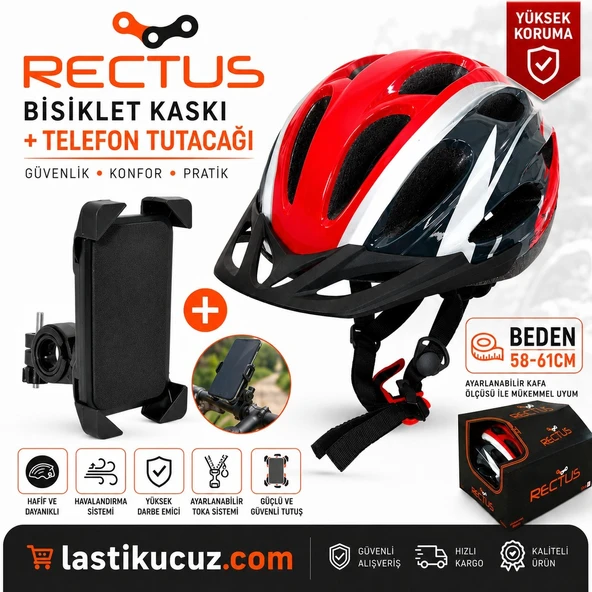 BİSİKLET KASKI (KIRMIZI SİYAH YETİŞKİN VİZÖRLÜ LED IŞIKLI BEDEN 58/61 + 1 ADET TELEFON TUTUCU) ürün görseli 1