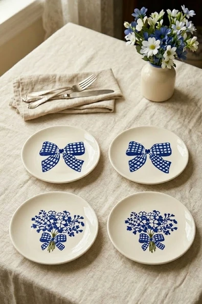 Blue Gift 4’lü Handmade Çiçek Desenli Seramik Tatlı Tabağı 16 cm Pasta Kahvaltı Sunum Tabak Seti ürün görseli 1