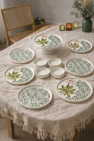 Botanik 6 Kişilik 11 Parça Handmade Seramik Kahvaltı Takımı & Desenli Sunum Seti Çerezlik ve Servis Tabaklı ürün görseli 1