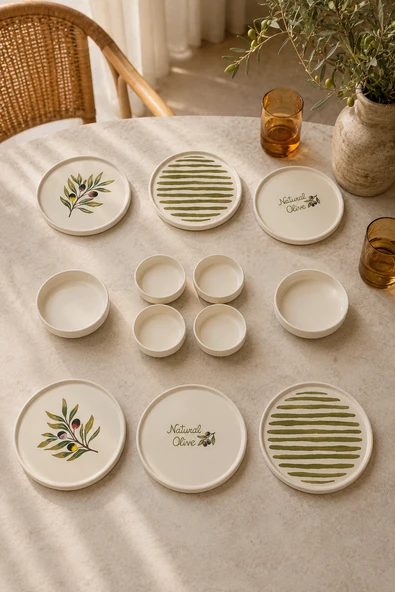Oliva 12 Parça 6 Kişilik Handmade Stackable Seramik Tabak Seti Premium Sunum Zeytin Kahvaltı Takımı ürün görseli 1