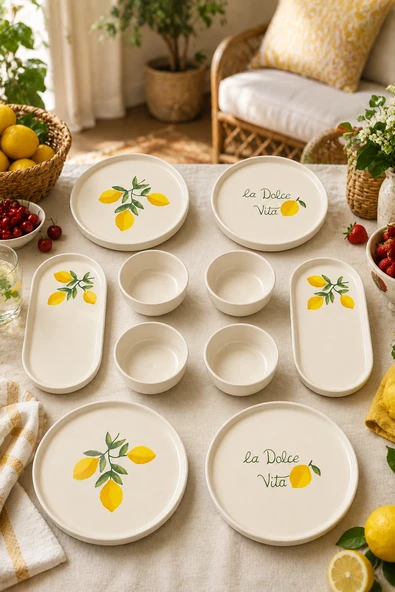 Amalfi 10 Parça 4 Kişilik Stackable Seramik Kahvaltı Takımı Limon Desenli Ayaklı Sunumluklu Sofra Seti ürün görseli 1