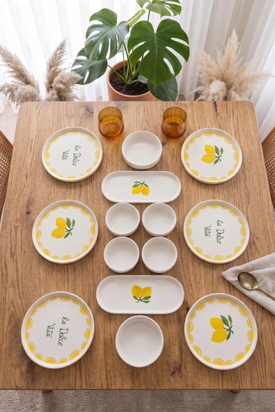 Vita Lemony 14 Parça 6 Kişilik Handmade Stackable Seramik Tabak Seti Premium Sunum & Kahvaltı Takımı ürün görseli 1