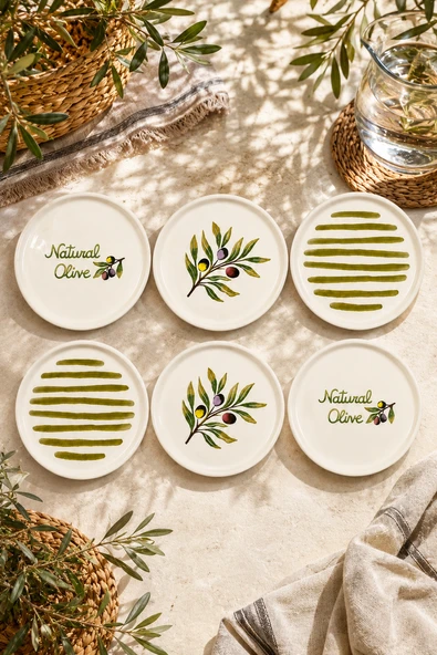 Oliva 6’lı Seramik Tatlı Tabağı Seti 16 cm – Zeytin Desenli Pasta ve Sunum Tabağı ürün görseli 1