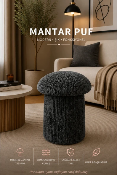 Tasarım Luxury Mantar Puf – İthal Bukle Kumaş, Modern & Zarif ürün görseli 1