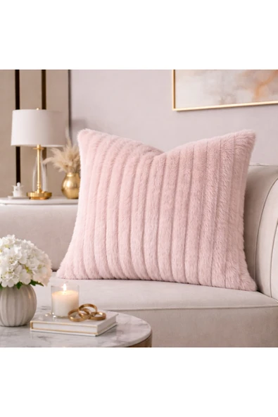 Tasarım Pudra Peluş Kırlent Kılıfı 43x43 cm Yumuşak Dokulu Dekoratif Koltuk Yastık Kılıfı ürün görseli 1