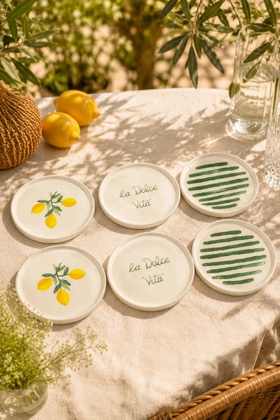 Amalfi 6 Adet 16 cm Seramik Tatlı Tabağı Seti Akdeniz Esintili Limon Desenli Pasta ve Sunum Tabağı ürün görseli 1