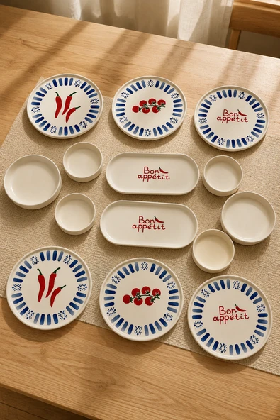 Blue Bon Appetit 14 Parça 6 Kişilik Handmade Stackable Seramik Kahvaltı Takımı Lüx Sunum Seti Tabağı ürün görseli 1