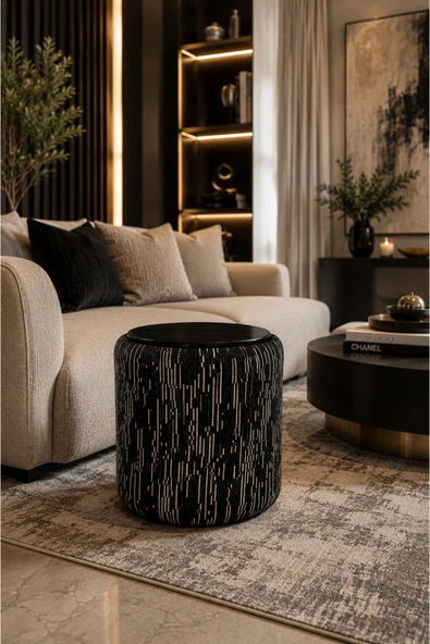 Tasarım Premium Dokuma Kumaş Puf Sehpa 40x46 cm | Modern Yuvarlak Oturma Pufu | Dekoratif ürün görseli 1