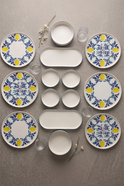 Limon 14 Parça 6 Kişilik Handmade Stackable Seramik Tabak Seti Premium Sunum & Kahvaltı Takımı ürün görseli 1