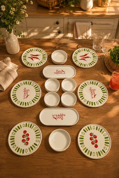 Green Bon Appetit 14 Parça 6 Kişilik Stackable Seramik Kahvaltı Takımı Lüx Sunum Seti Tabağı ürün görseli 1