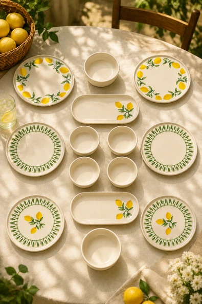 Yeşil Limon 14 Parça 6 Kişilik Handmade Stackable Seramik Tabak Seti Premium Sunum & Kahvaltı Takımı ürün görseli 1