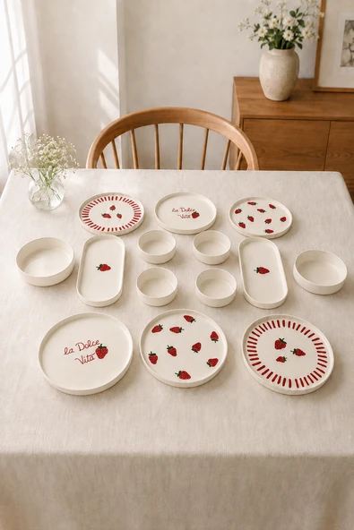 Rubby Berry 14 Parça 6 Kişilik Handmade Stackable Seramik Kahvaltı Takımı - Çilek Desenli Lüx Kahvaltılık Sunum Seti ürün görseli 1