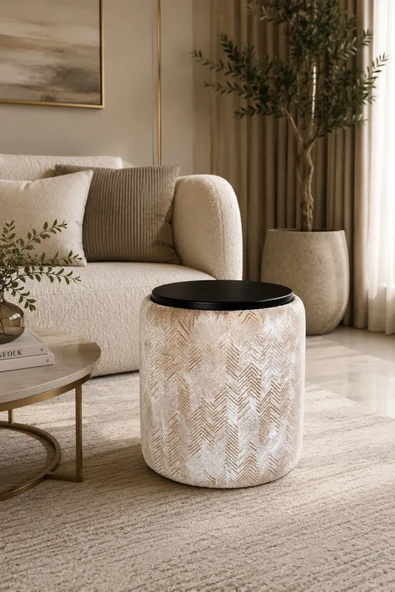Tasarım Premium Dokuma Kumaş Puf Sehpa 40x46 cm | Modern Yuvarlak Oturma Pufu | Dekoratif ürün görseli 1