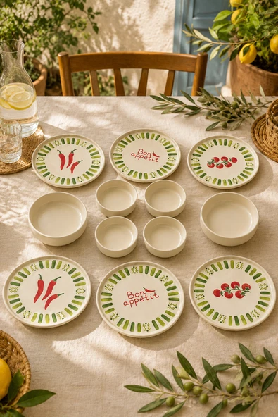 Green Bon Appetit 12 Parça 6 Kişilik Stackable Seramik Kahvaltı Takımı Lüx Sunum Seti Tabağı ürün görseli 1
