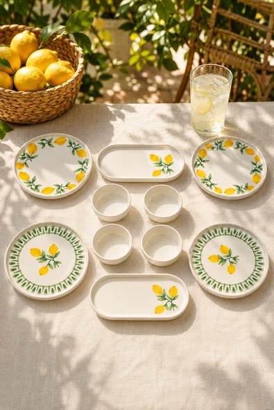 Yeşil Limon 10 Parça 4 Kişilik Handmade Stackable Seramik Tabak Seti Premium Sunum & Kahvaltı Takımı ürün görseli 1