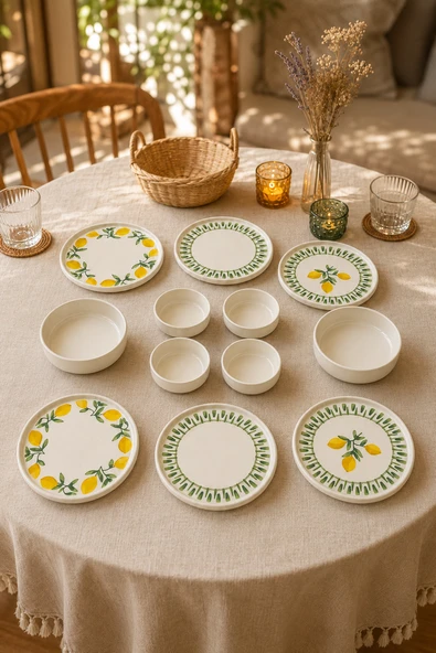 Yeşil Limon 12 Parça 6 Kişilik Handmade Stackable Seramik Tabak Seti Premium Sunum & Kahvaltı Takımı ürün görseli 1