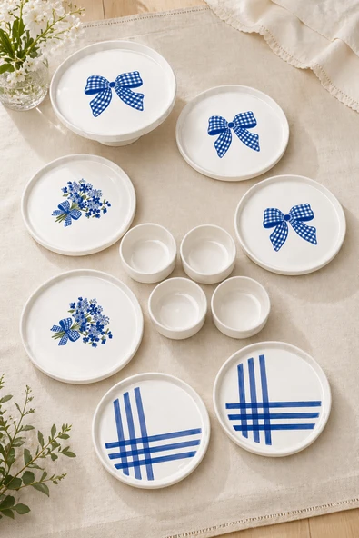 Blue Gift 6 Kişilik 11 Parça Handmade Seramik Kahvaltı Takımı Mavi Desenli Modern Sunum & Pasta Tabağı Seti ürün görseli 1