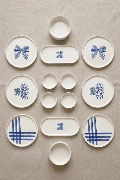 Blue Gift 14 Parça 6 Kişilik Handmade Stackable Seramik Tabak Seti Premium Sunum & Kahvaltı Takımı- Lüks Mavi Fiyonklu Çeyizlik Sunum Seti ürün görseli 1