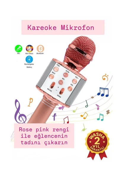 WASHA Türkçe Seslendirme Karaoke Mikrofonu Bluetooth Mikrofon Bluetooth Speaker Hoparlör Aux-Tf-Usb Giriş Pembe ürün görseli 1