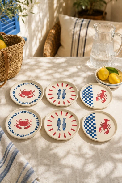 Coastal 6’lı Seramik Pasta ve Servis Tabağı Seti 20 cm Deniz Desenli Akdeniz Sofra Takımı ürün görseli 1