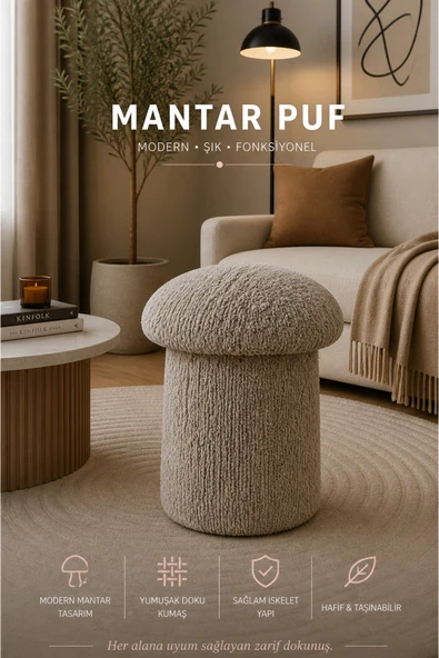 Tasarım Luxury Mantar Puf – İthal Bukle Kumaş, Modern & Zarif ürün görseli 1
