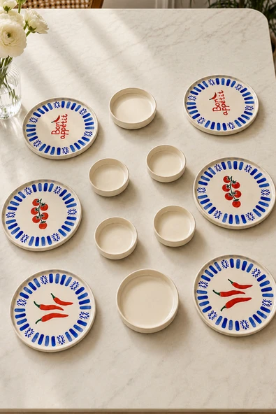 Blue Bon Appetit 12 Parça 6 Handmade Kişilik Stackable Seramik Kahvaltı Takımı Lüx Sunum Seti Tabağı ürün görseli 1