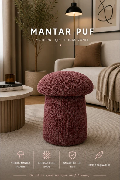 Tasarım Luxury Mantar Puf – İthal Bukle Kumaş, Modern & Zarif ürün görseli 1