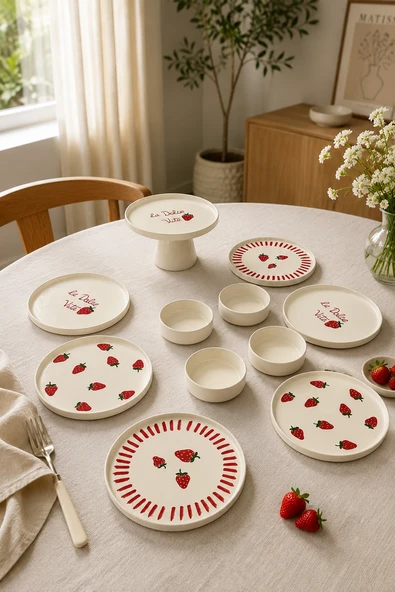 Rubby Berry 11 Parça 6 Kişilik Handmade Stackable Seramik Tabak Seti Sunum & Kahvaltı Takımı Ayaklı Sunum Standlı Kahvaltı Takımı ürün görseli 1