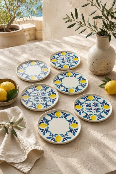 Limon 6'lı Handmade Handmade Stackable Seramik Pasta Tabak Seti - Premium Sunum & Kahvaltı Takımı - 20 cm ürün görseli 1