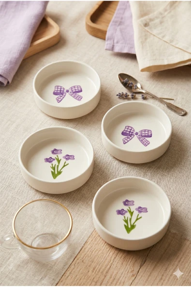 Lila Gift 4’lü Handmade Seramik Kase Seti 10 Cm Çiçek Desenli Çerezlik ve Sosluk ürün görseli 1