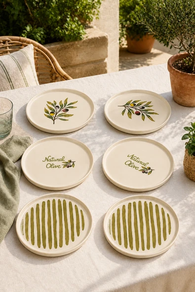 Oliva 6’lı Stackable Seramik Pasta Tabağı Seti 20 cm Zeytin Desenli Tatlı ve Servis Tabağı ürün görseli 1