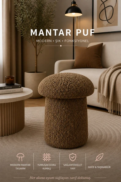 Tasarım Luxury Mantar Puf – İthal Bukle Kumaş, Modern & Zarif ürün görseli 1