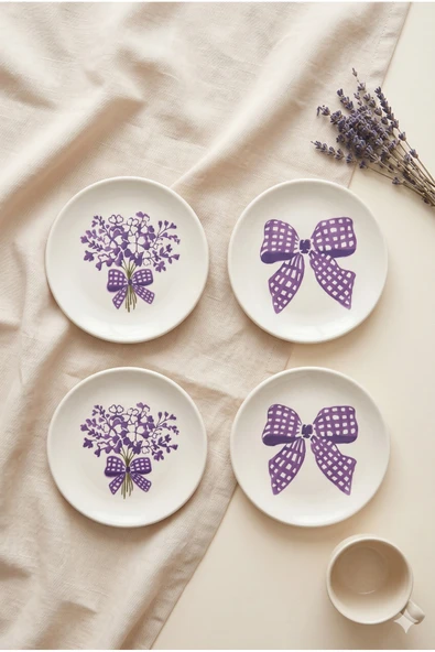 Lila Gift 4’lü Handmade Seramik Tatlı Tabağı 16 cm Lila Çiçek Desenli Pasta Kahvaltı Sunum Tabak Seti Şık ürün görseli 1