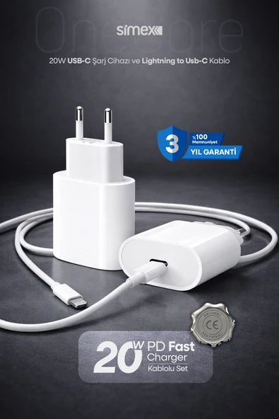 VOLNİX iPhone X-11-12-13-14 Serileri iPad & Airpods ile Uyumlu USB-C 20W Hızlı Şarj Seti CE Belgeli SPS-15 Beyaz ürün görseli 1