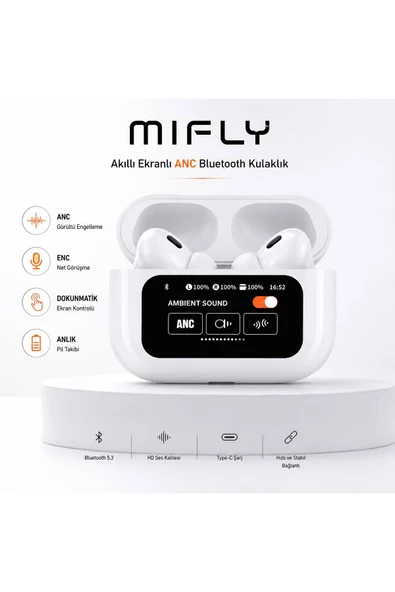 miFly Smart Screen Pro ANC ENC Akıllı Ekranlı Bluetooth Kulaklık Dokunmatik Şarj Kutulu Kablosuz Kulak İçi Kulaklık Beyaz ürün görseli 1