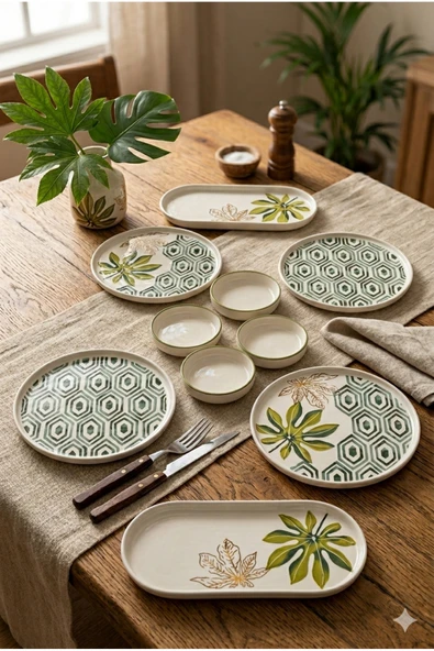 Botanik 4 Kişilik 10 Parça Handmade Stackable Kahvaltılık Takım & Misafir Sunum Seti Çerezlik Tabaklı ürün görseli 1