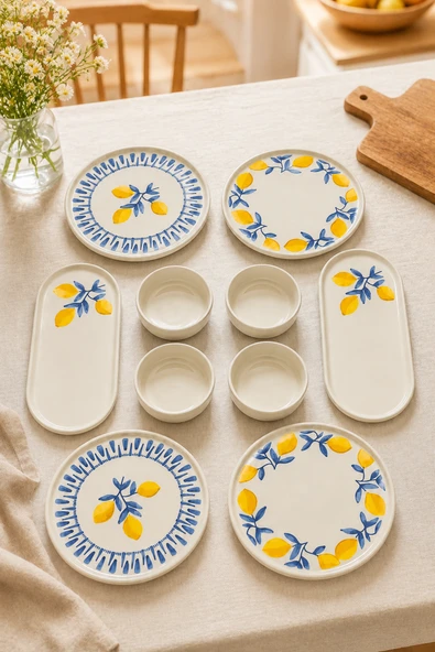 Mavi Limon 10 Parça 4 Kişilik Handmade Stackable Seramik Tabak Seti Premium Sunum & Kahvaltı Takımı ürün görseli 1