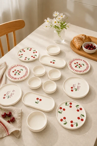 Rubby Cherry 14 Parça 6 Kişilik Handmade Stackable Kahvaltı Takımı - Lüx Kahvaltılık Sunum Seti Tabağı ürün görseli 1