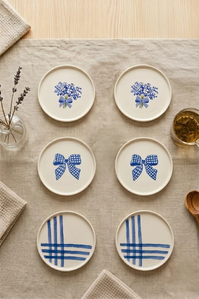 Blue Gift 6’lı Handmade Seramik Pasta Tabağı 20 cm Mavi Desenli 6 Kişilik Tatlı Sunum Servis Tabak Seti ürün görseli 1